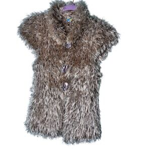 Shaggy Faux Fur Vest, Cap Sleeve Open Front Cardigan, Neutral Medium
